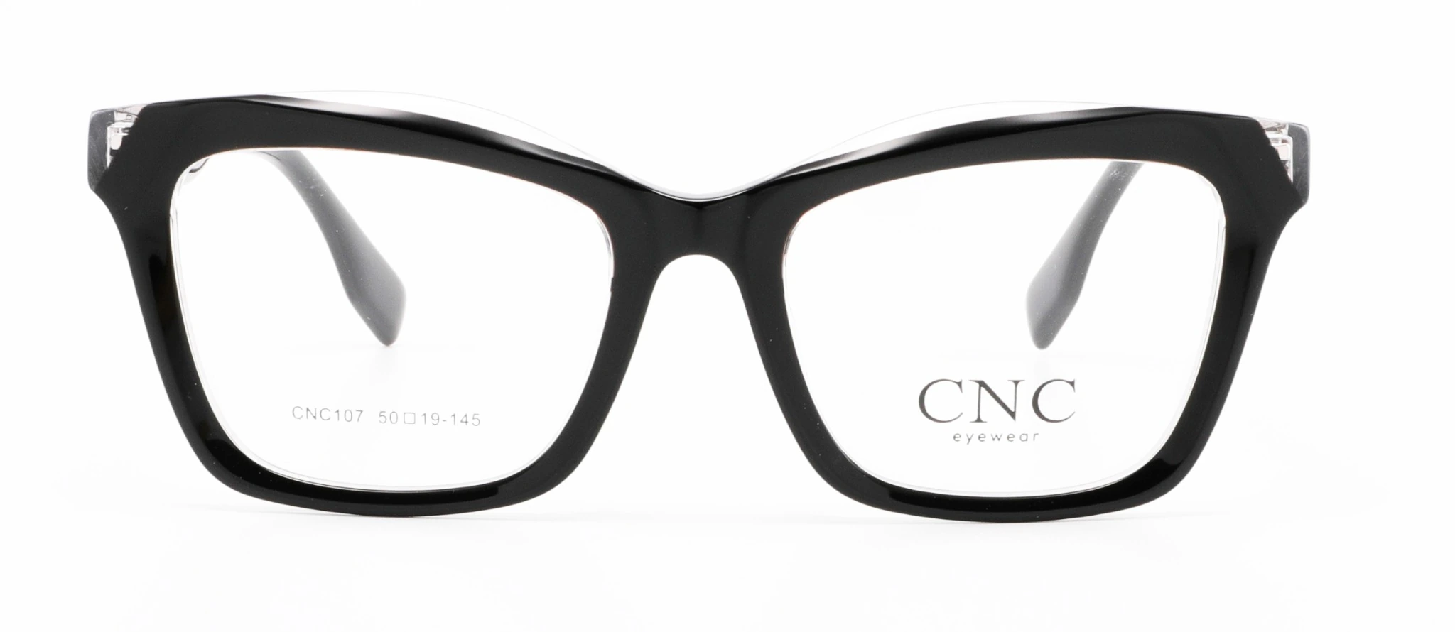Vista frontal exacta de la montura CNC107-C1 en Negro Cristal