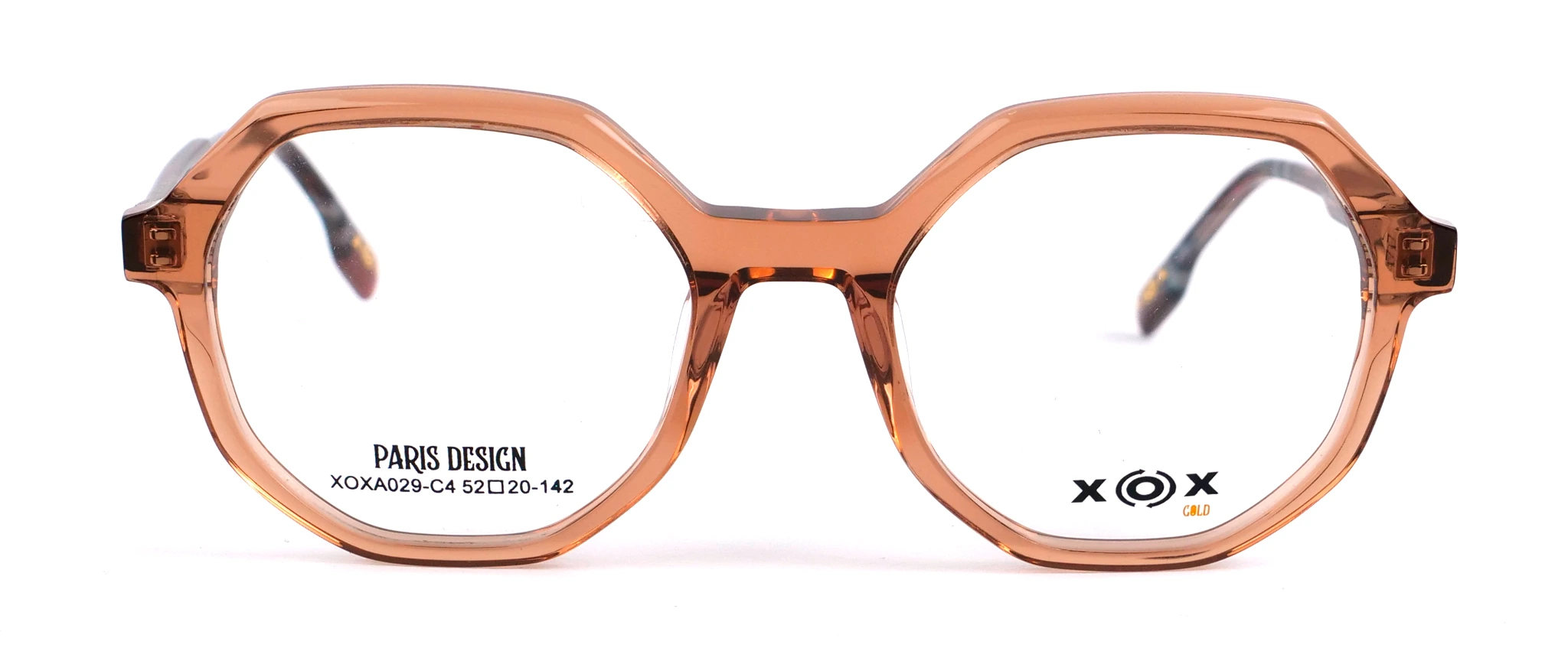 Vista frontal exacta de la montura XOXA029-C4, Marrón Cognac Transparente