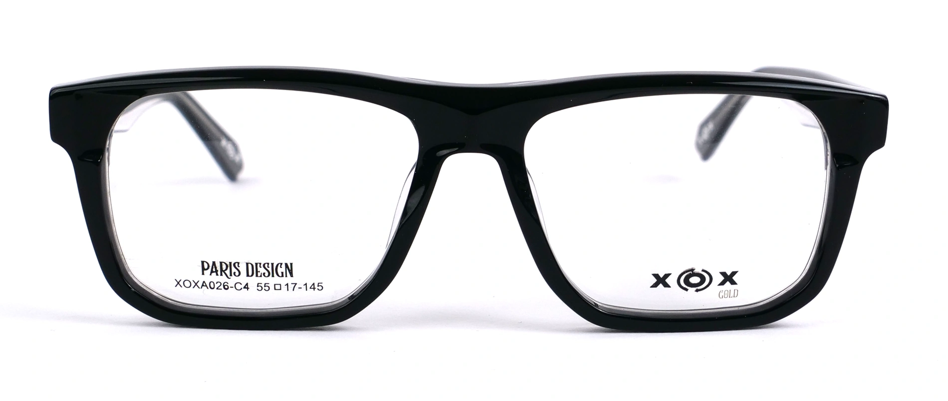 Vista frontal exacta de la montura XOX XOXA026-C4, Negro Cristal