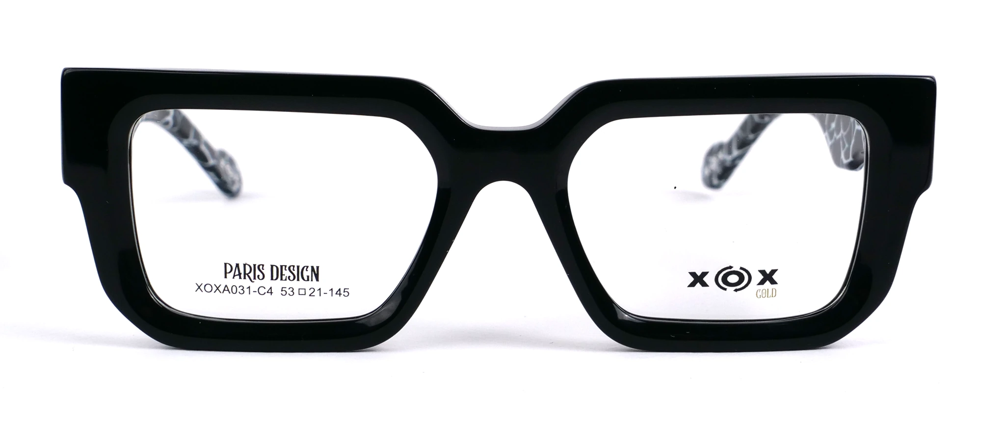 Vista frontal exacta de la montura XOXA031-C4, Negro Ébano con Mosaico Gris