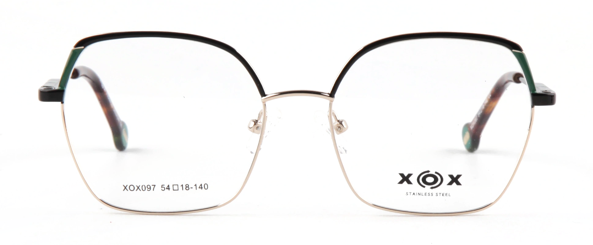 Vista frontal exacta de la montura XOX097-C2, Negro / Verde con Dorado